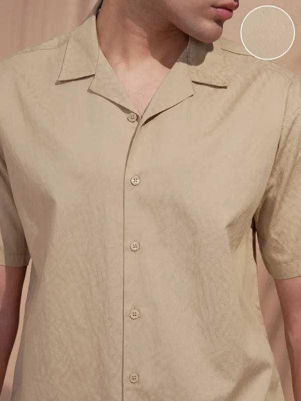 Highlander Men Beige Self Design Relaxed Fit Casual Shirt