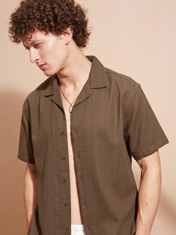 Highlander Men Khaki Self Design Relaxed Fit Casual Shirt