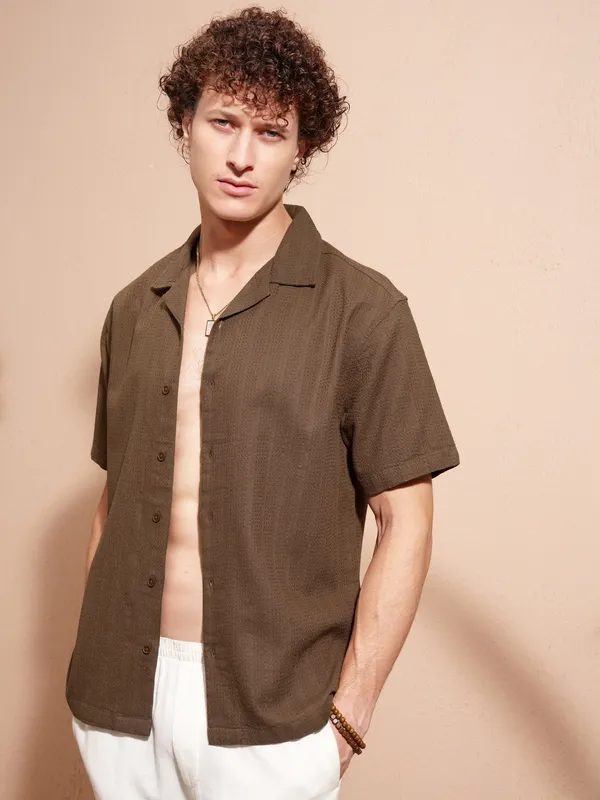 Highlander Men Khaki Self Design Relaxed Fit Casual Shirt
