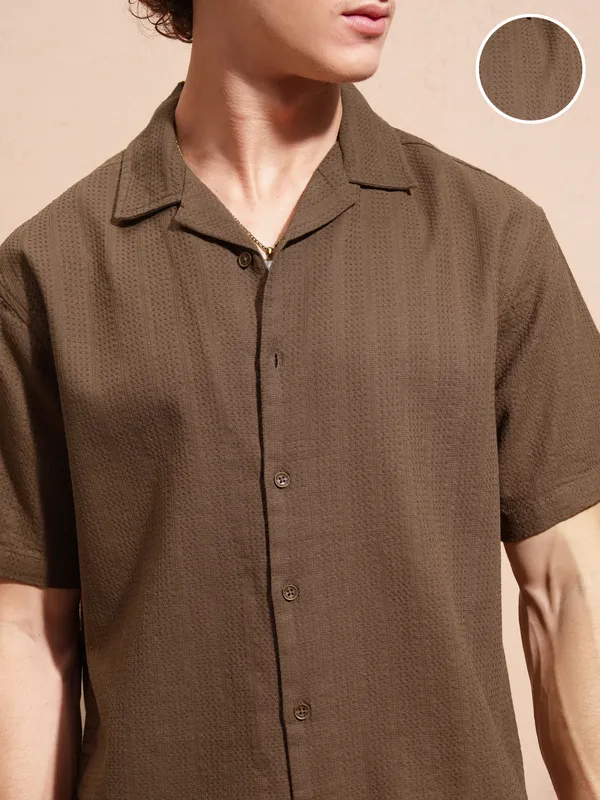 Highlander Men Khaki Self Design Relaxed Fit Casual Shirt