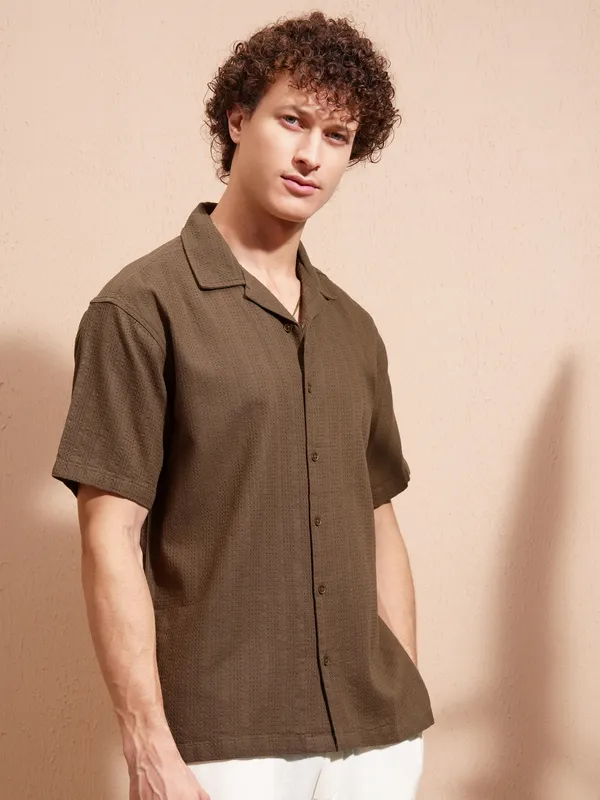 Highlander Men Khaki Self Design Relaxed Fit Casual Shirt