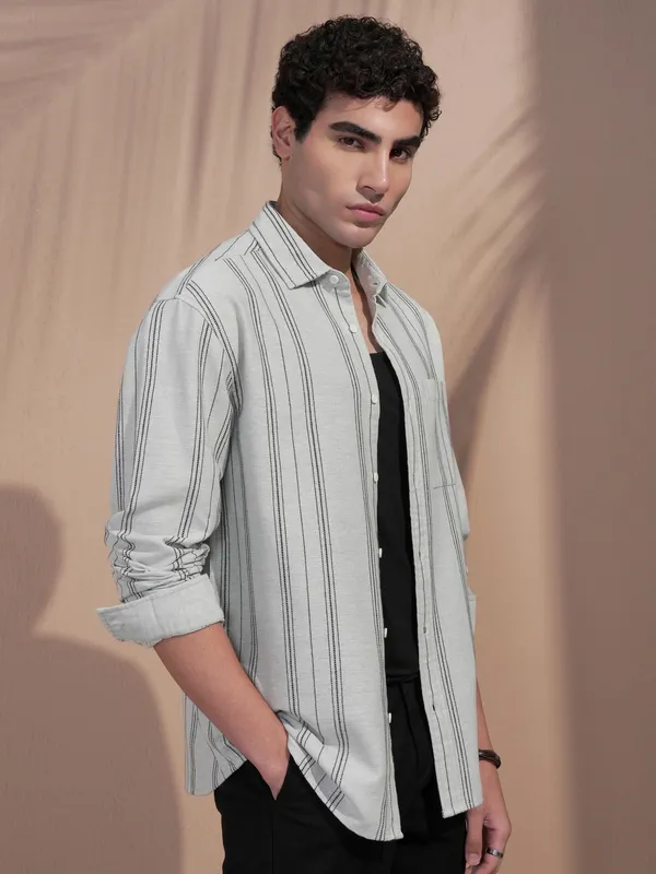 Highlander Men Sage Striped Relaxed Fit Casual Shirt