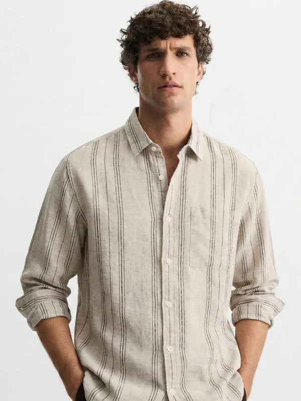Highlander Men Tan Striped Relaxed Fit Casual Shirt