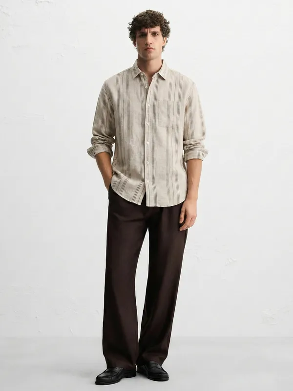 Highlander Men Tan Striped Relaxed Fit Casual Shirt