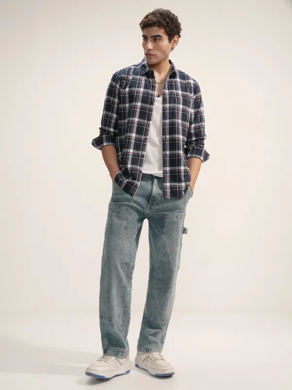 Highlander Men Navy Blue Checked Slim Fit Casual Shirt