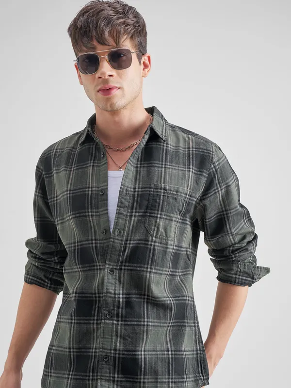 Highlander Men Olive Checked Slim Fit Casual Shirt