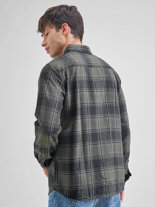 Highlander Men Olive Checked Slim Fit Casual Shirt