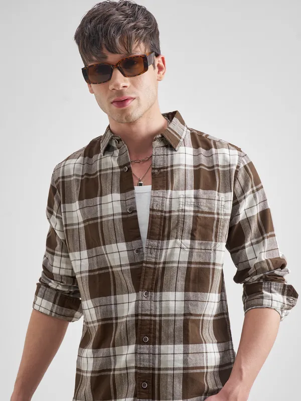 Highlander Men Brown Checked Slim Fit Casual Shirt