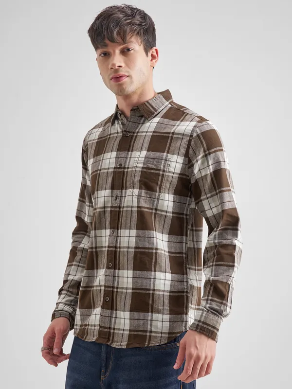 Highlander Men Brown Checked Slim Fit Casual Shirt