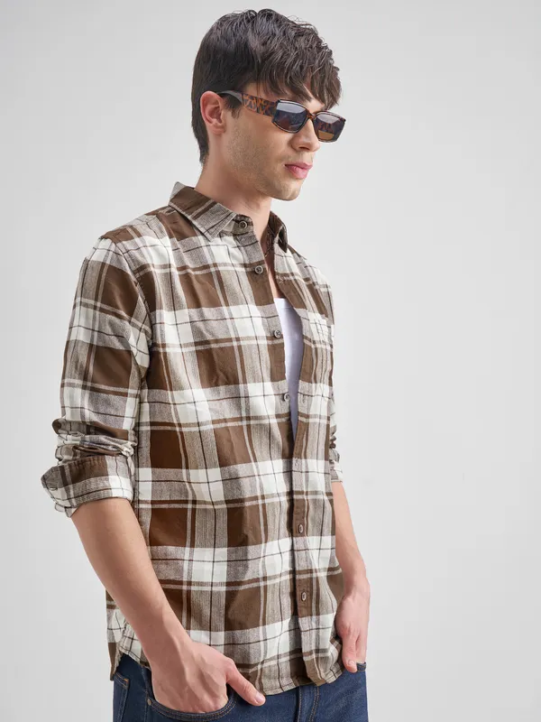 Highlander Men Brown Checked Slim Fit Casual Shirt