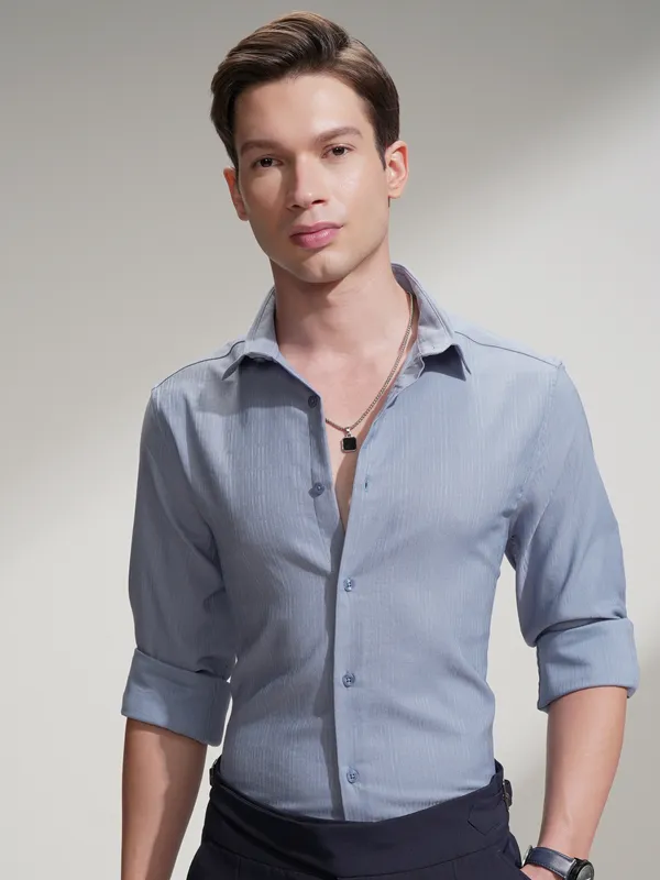 Highlander Men Blue Self Design Slim Fit Casual Shirt