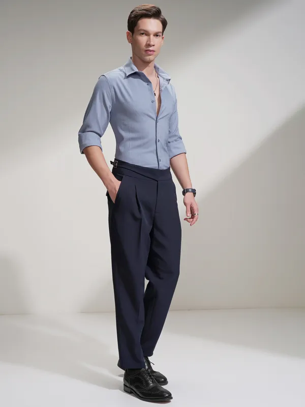 Highlander Men Blue Self Design Slim Fit Casual Shirt