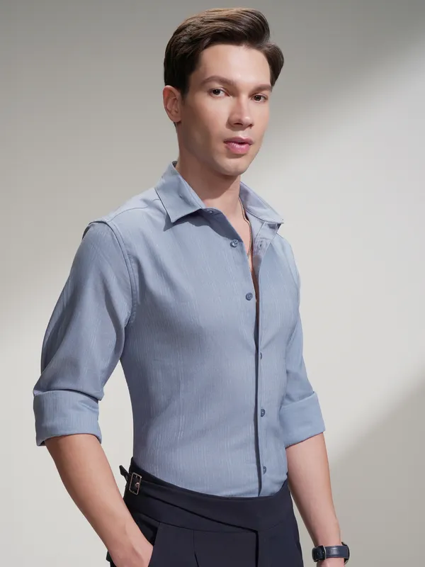 Highlander Men Blue Self Design Slim Fit Casual Shirt