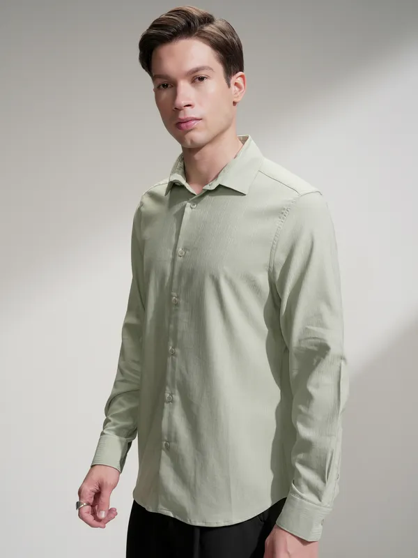 Highlander Men Green Self Design Slim Fit Casual Shirt