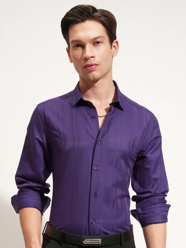Highlander Men Purple Self Design Slim Fit Casual Shirt