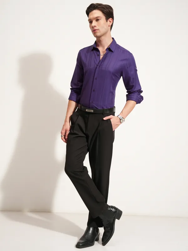 Highlander Men Purple Self Design Slim Fit Casual Shirt