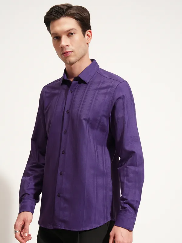 Highlander Men Purple Self Design Slim Fit Casual Shirt