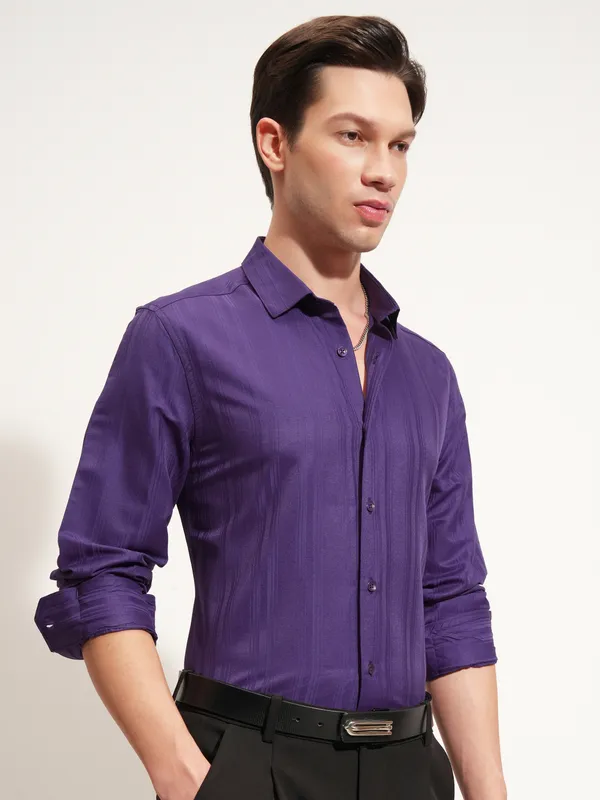 Highlander Men Purple Self Design Slim Fit Casual Shirt