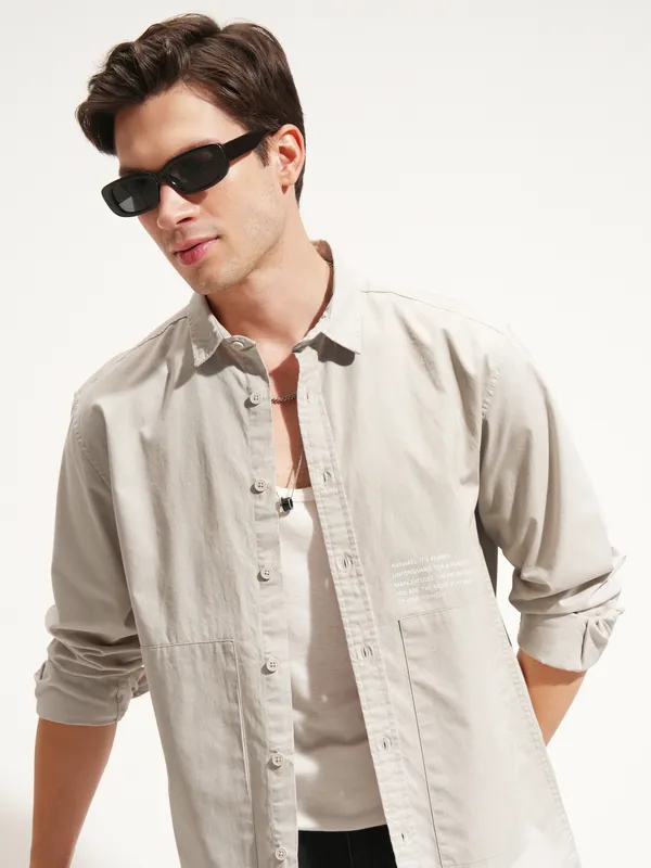 Highlander Men Grey Printed Oversized Fit Casual Shirt