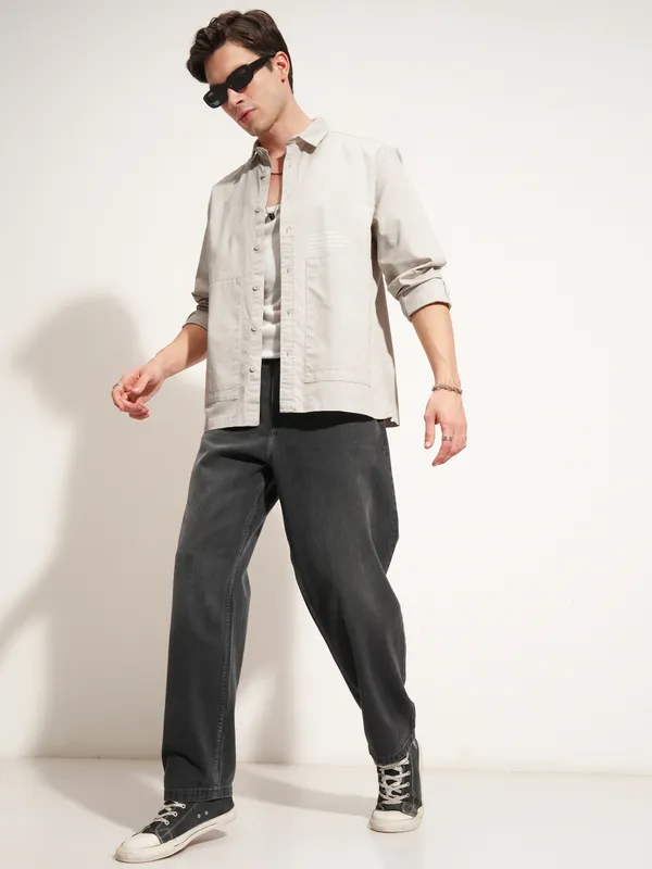 Highlander Men Grey Printed Oversized Fit Casual Shirt
