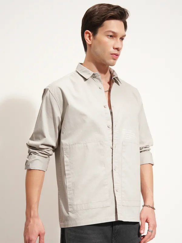 Highlander Men Grey Printed Oversized Fit Casual Shirt