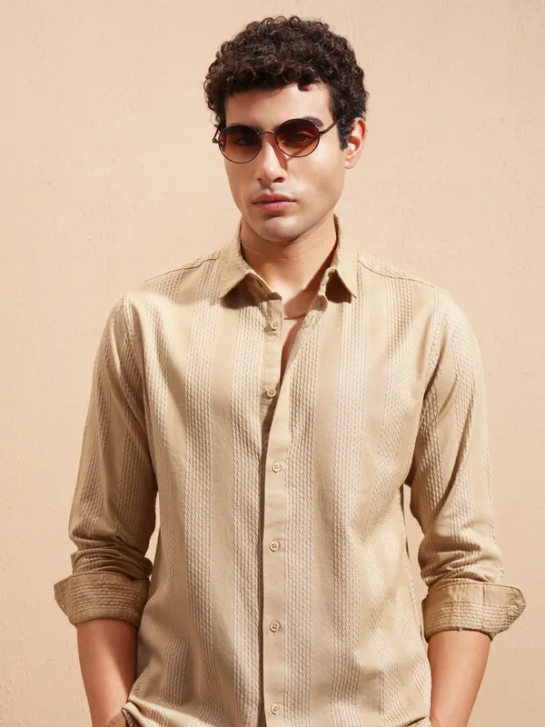 Highlander Men Beige Self Design Slim Fit Casual Shirt