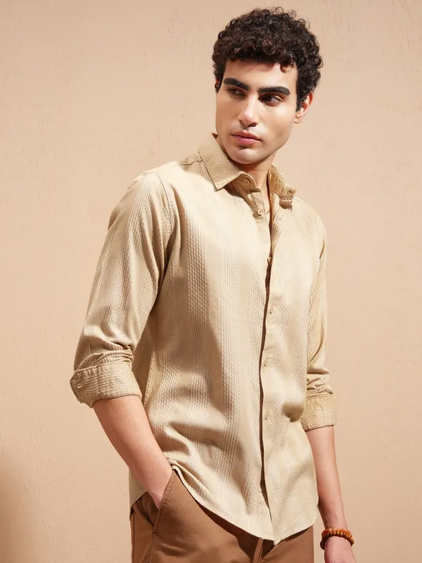 Highlander Men Beige Self Design Slim Fit Casual Shirt