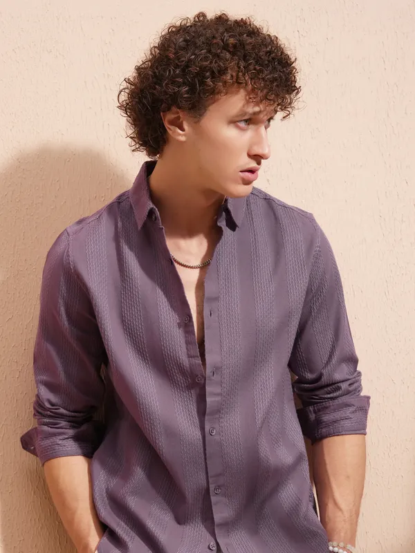 Highlander Men Purple Striped Slim Fit Casual Shirt