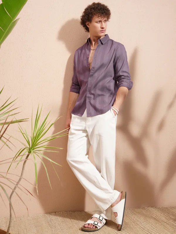 Highlander Men Purple Striped Slim Fit Casual Shirt