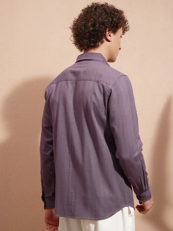 Highlander Men Purple Striped Slim Fit Casual Shirt