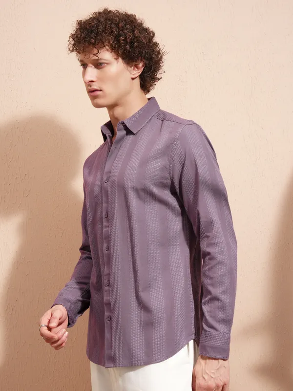 Highlander Men Purple Striped Slim Fit Casual Shirt