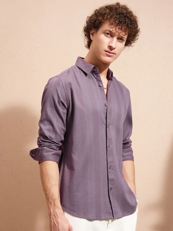 Highlander Men Purple Striped Slim Fit Casual Shirt