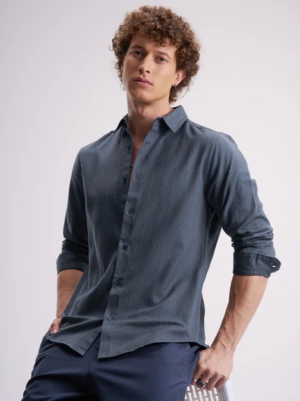 Highlander Men Blue Self Design Slim Fit Casual Shirt
