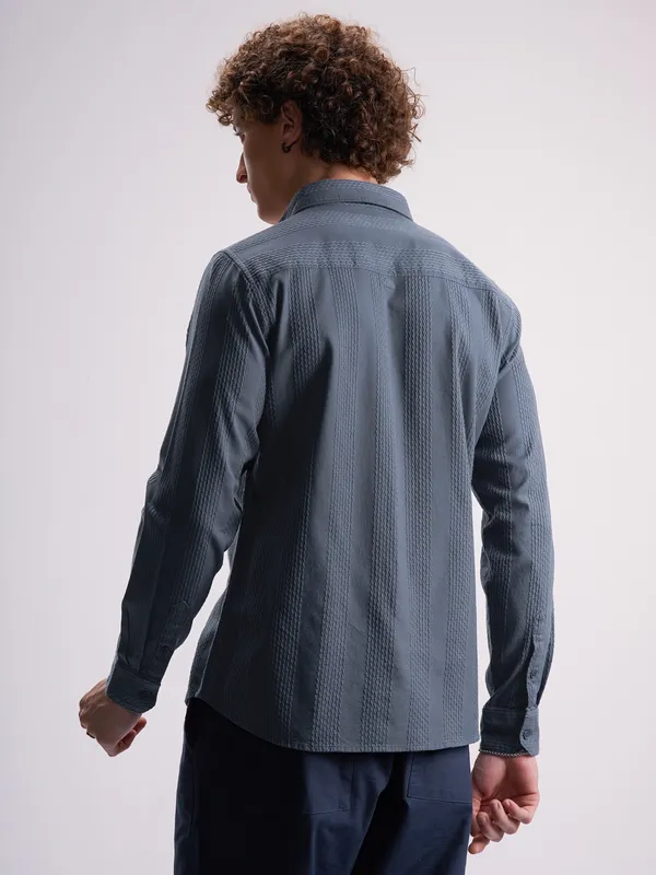 Highlander Men Blue Self Design Slim Fit Casual Shirt