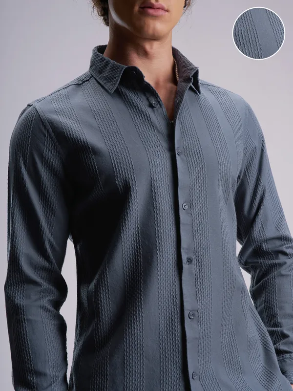 Highlander Men Blue Self Design Slim Fit Casual Shirt