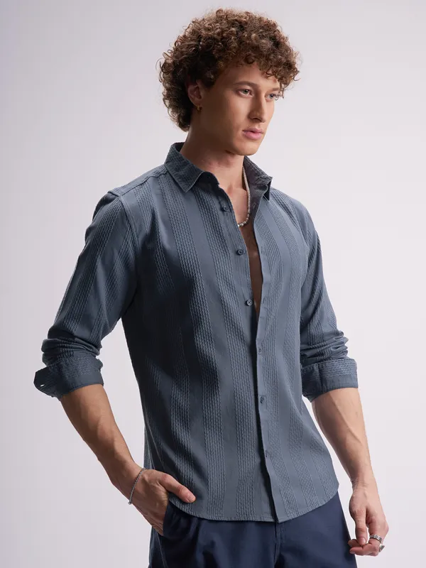 Highlander Men Blue Self Design Slim Fit Casual Shirt