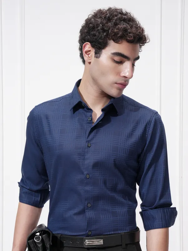 Highlander Men Blue Self Design Slim Fit Casual Shirt