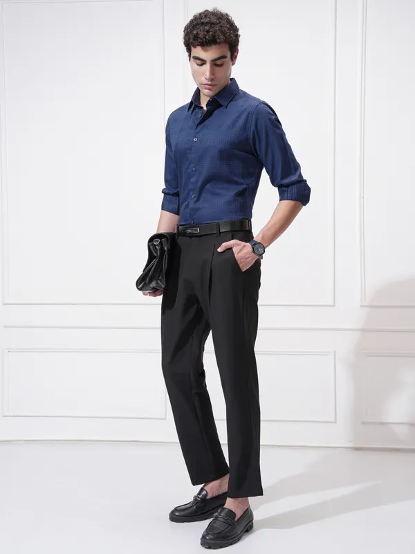 Highlander Men Blue Self Design Slim Fit Casual Shirt