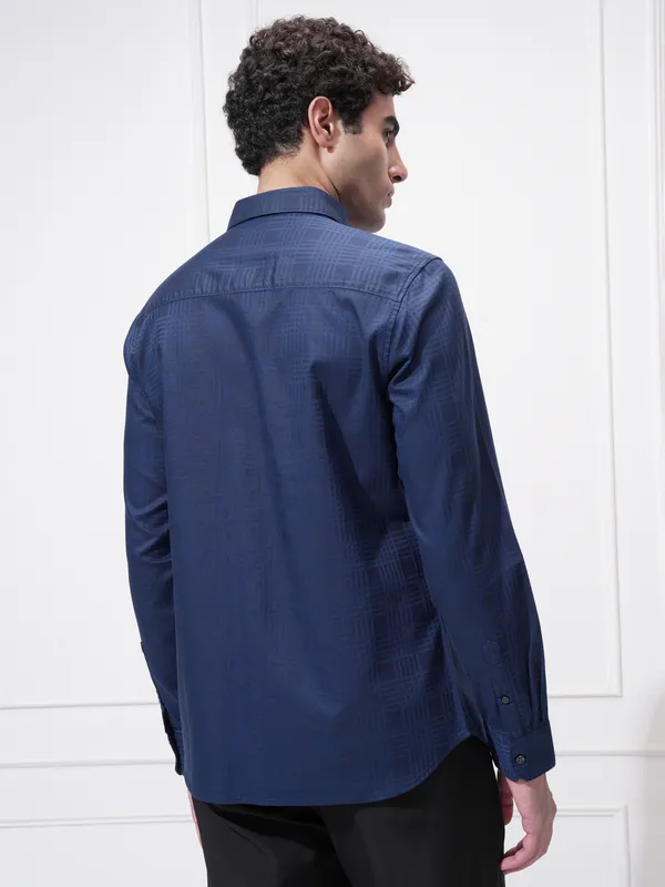 Highlander Men Blue Self Design Slim Fit Casual Shirt