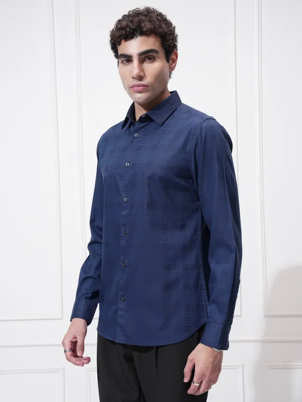 Highlander Men Blue Self Design Slim Fit Casual Shirt