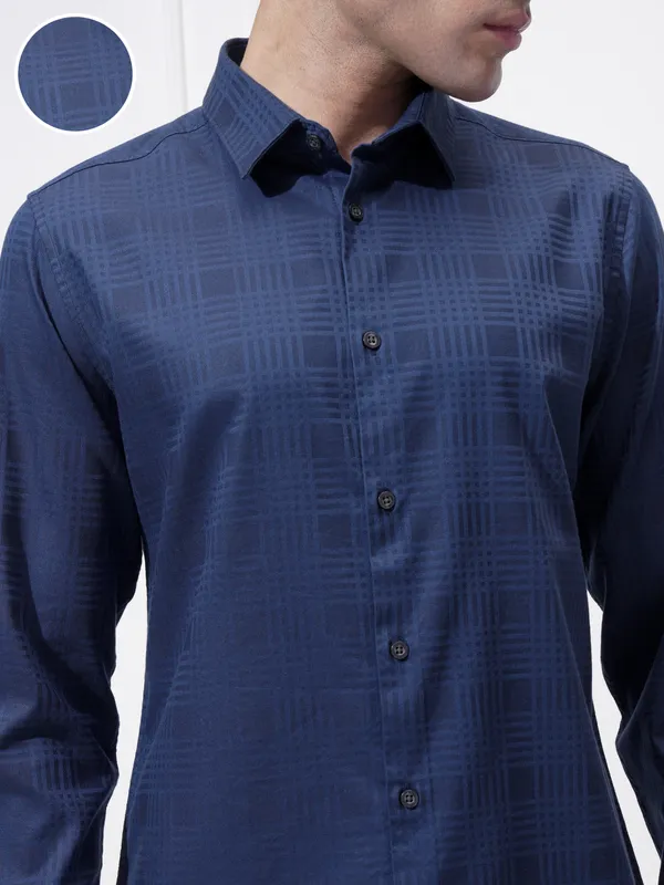 Highlander Men Blue Self Design Slim Fit Casual Shirt