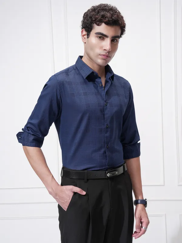 Highlander Men Blue Self Design Slim Fit Casual Shirt