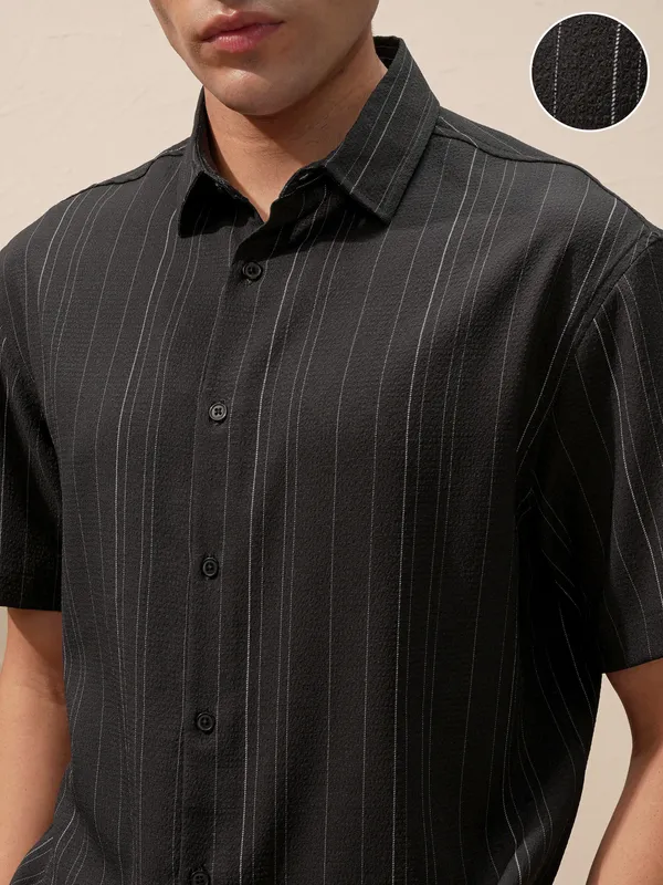 Highlander Men Black Striped Relaxed Fit Casual Shirt