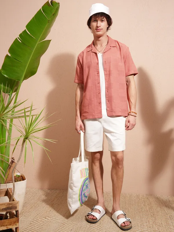 Highlander Men Peach Self Design Relaxed Fit Casual Shirt