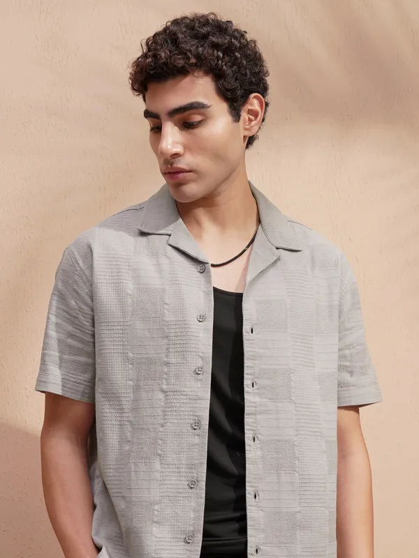 Highlander Men Grey Self Design Relaxed Fit Casual Shirt