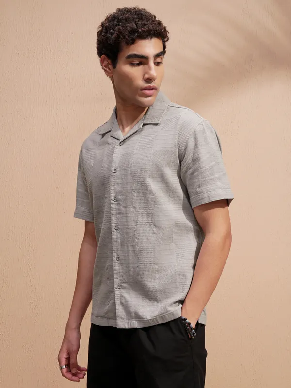 Highlander Men Grey Self Design Relaxed Fit Casual Shirt