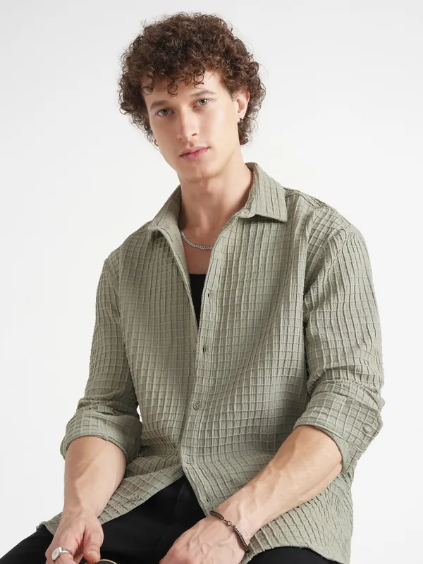 Highlander Men Grey Self Design Relaxed Fit Casual Shirt