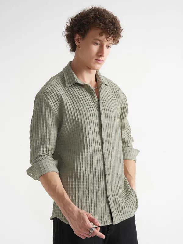 Highlander Men Grey Self Design Relaxed Fit Casual Shirt