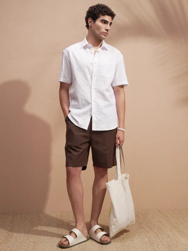 Highlander Men White Self Design Relaxed Fit Casual Shirt