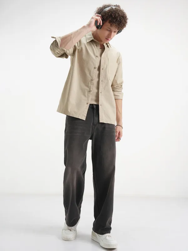 Highlander Men Beige Self Design Oversized Fit Casual Shirt